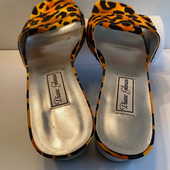 Diane Gilman leopard orange black sequin square toe chunky block heel slides - Picture 13 of 16
